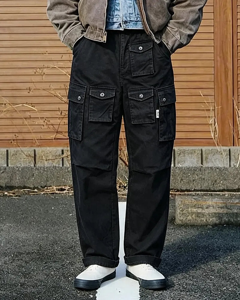 Vintage Washed Black Multi Flap Pocket Wide Leg Military Utilitarian Cargo Pants