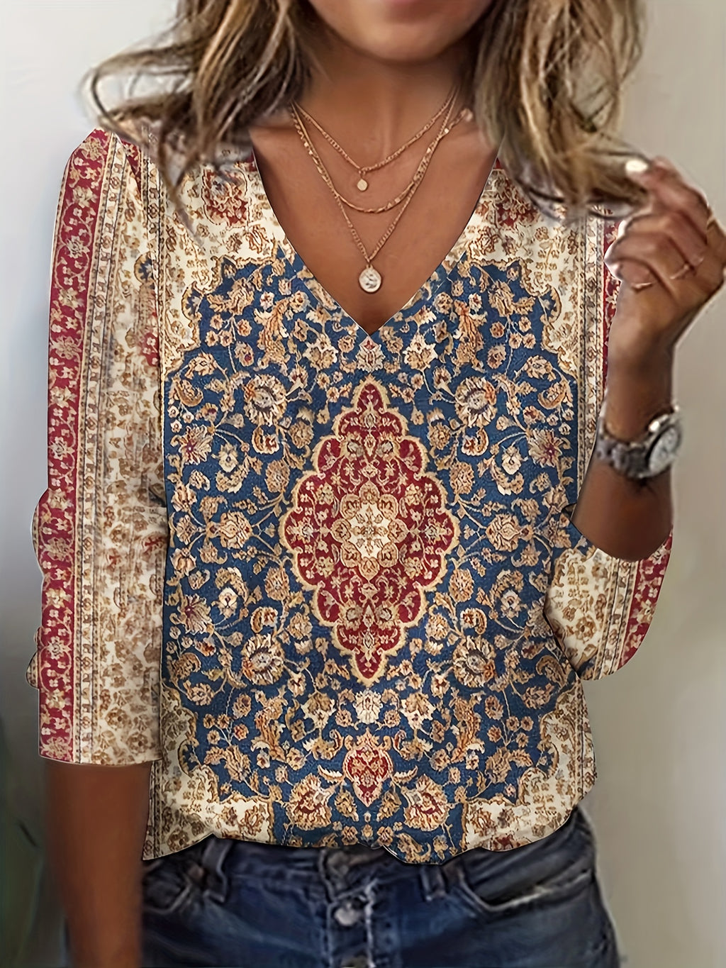 Women's Floral Print V Neck Long Sleeve T-Shirt - Casual Spring and Fall Top
