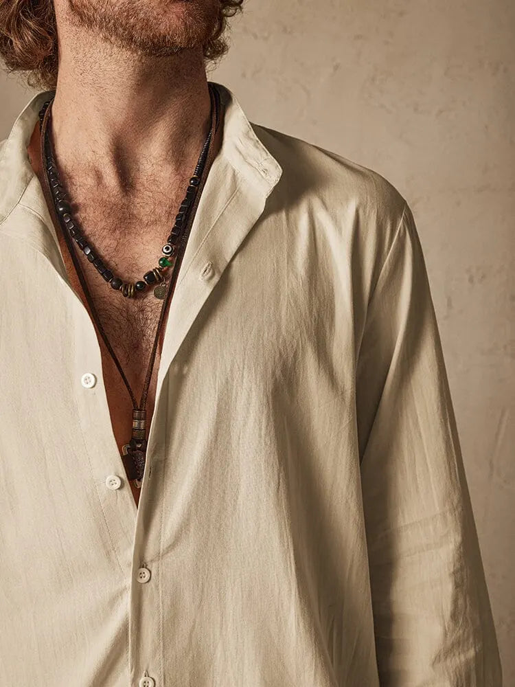 Casual Solid Color Cotton Linen Beach Shirt Set