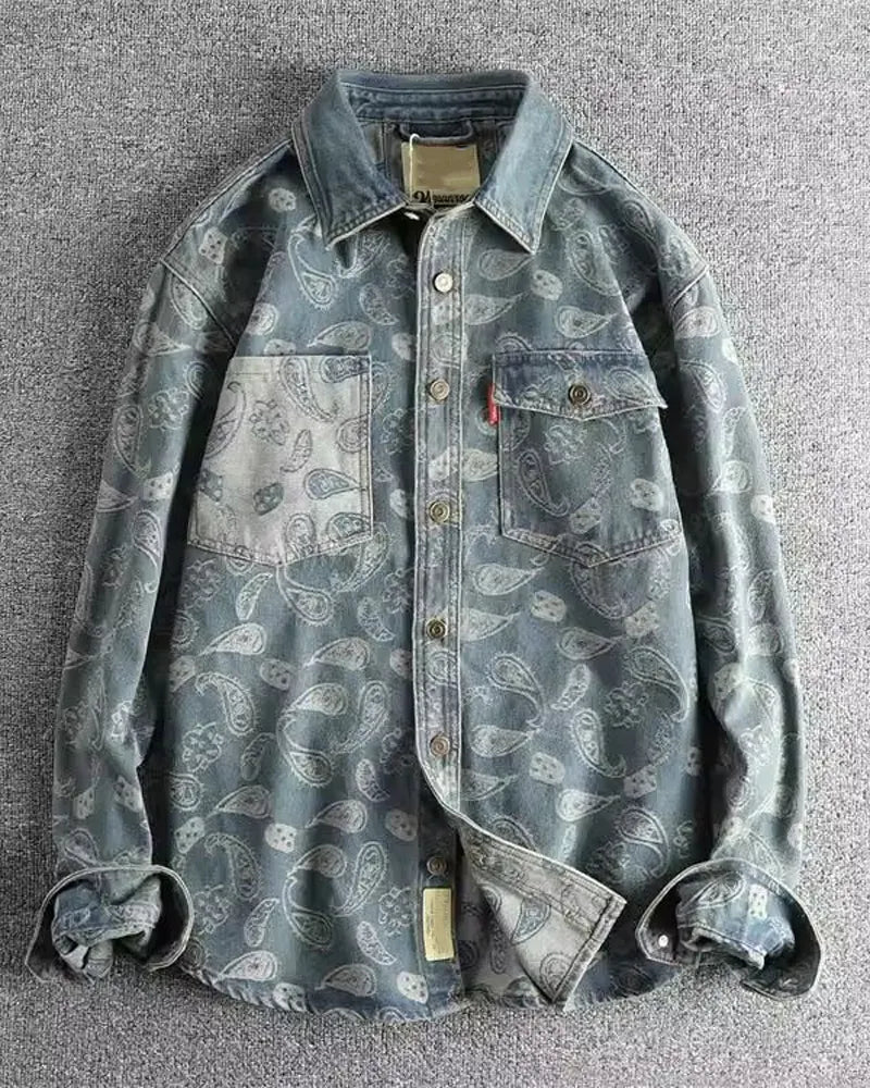 Vintage Paisley Jacquard Washed Denim Long Sleeve Jacket