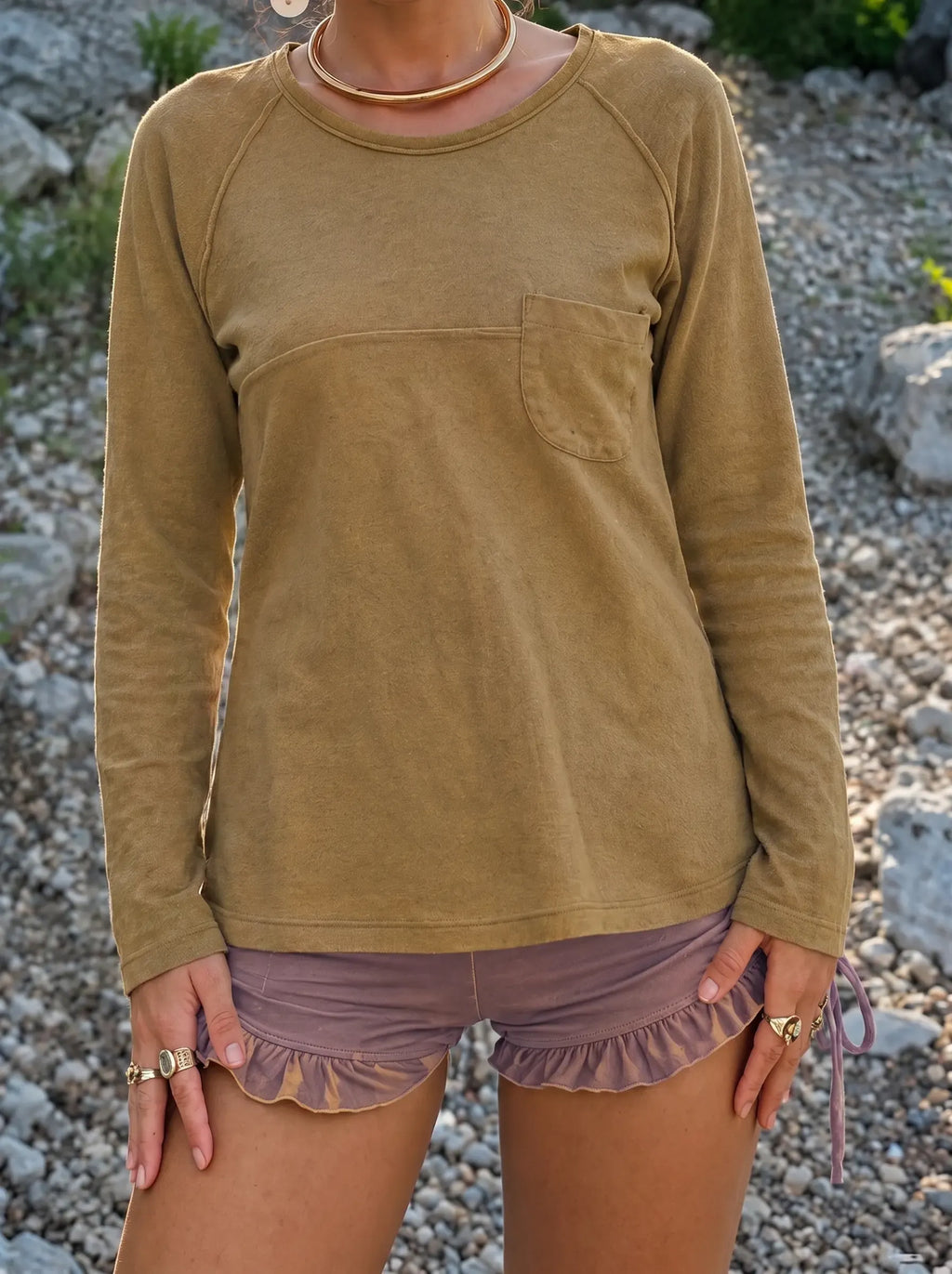 Vintage Distressed Tan Raglan Long Sleeve Top