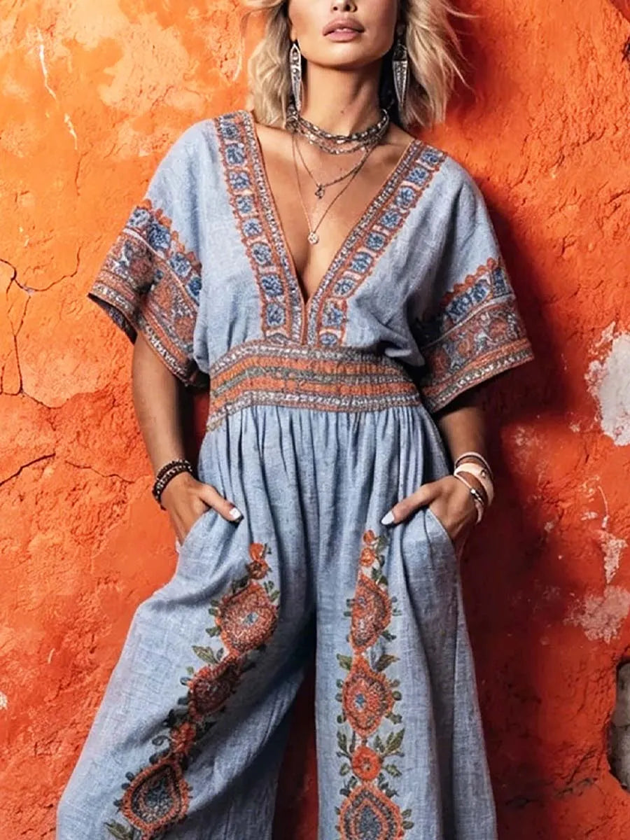 Women's Retro Ethnic Floral Art Casual Stylish Comfortable Cotton Linen Jumpsuit