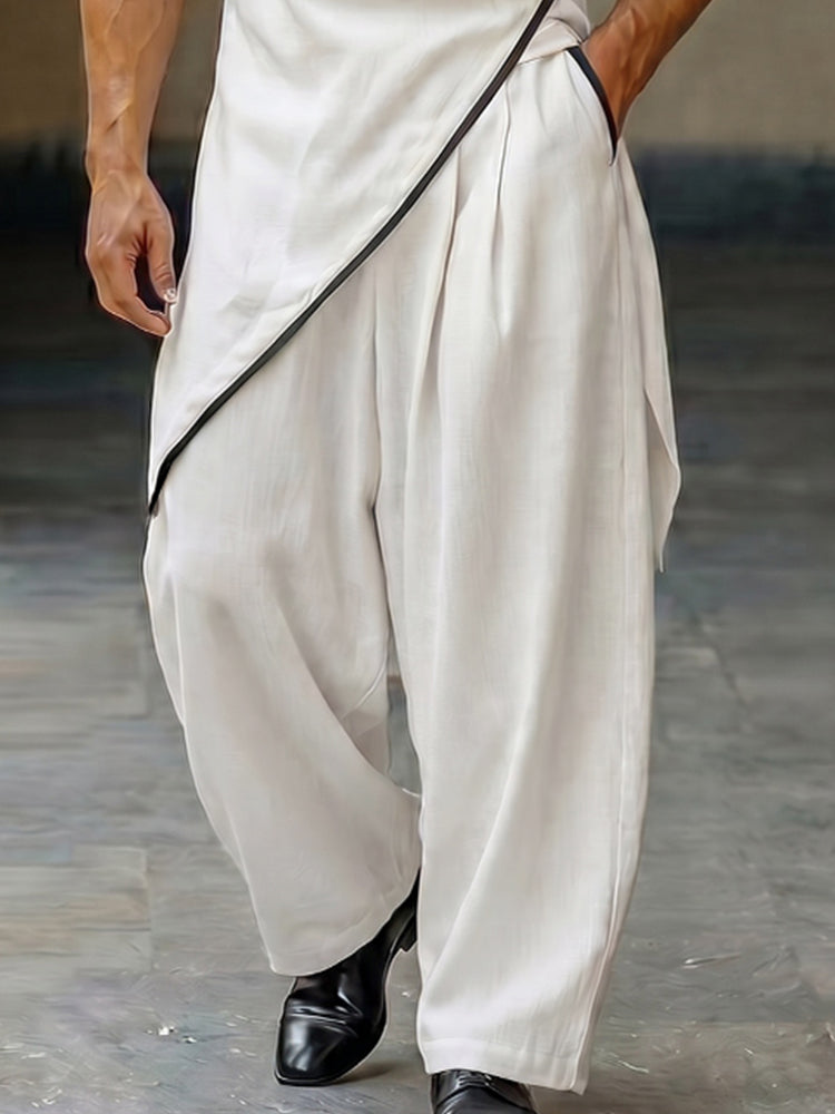 Asymmetrical Hem Contrast Trim Wrap Shirt Pants Set
