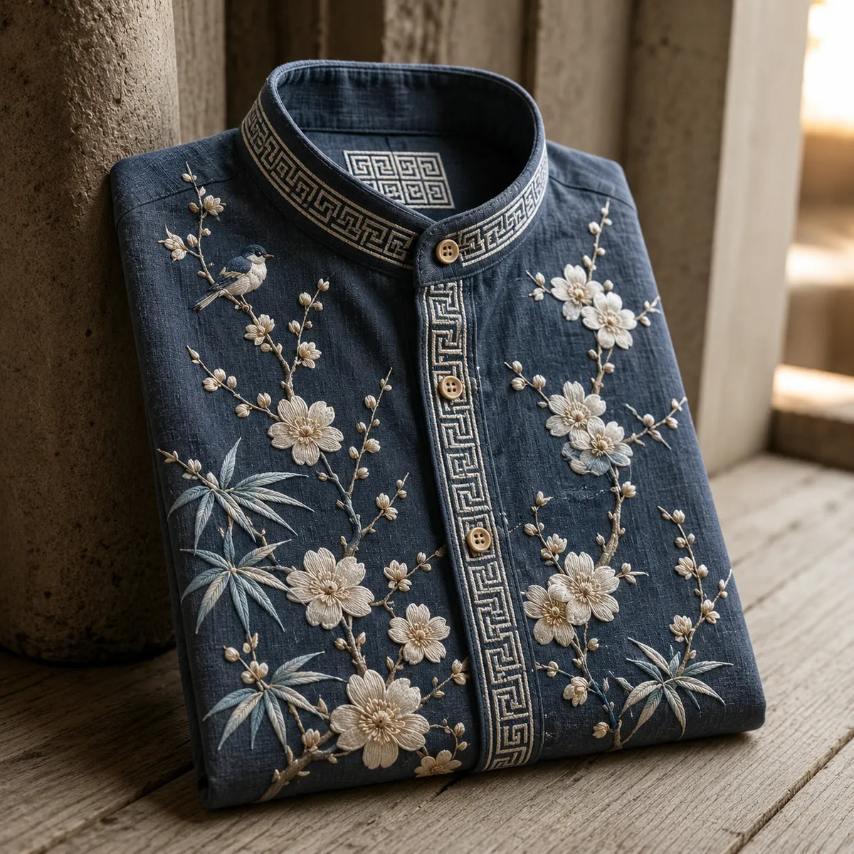 Men's Retro Plum Blossom & Bamboo Bird Oriental Style Print Casual Shirt