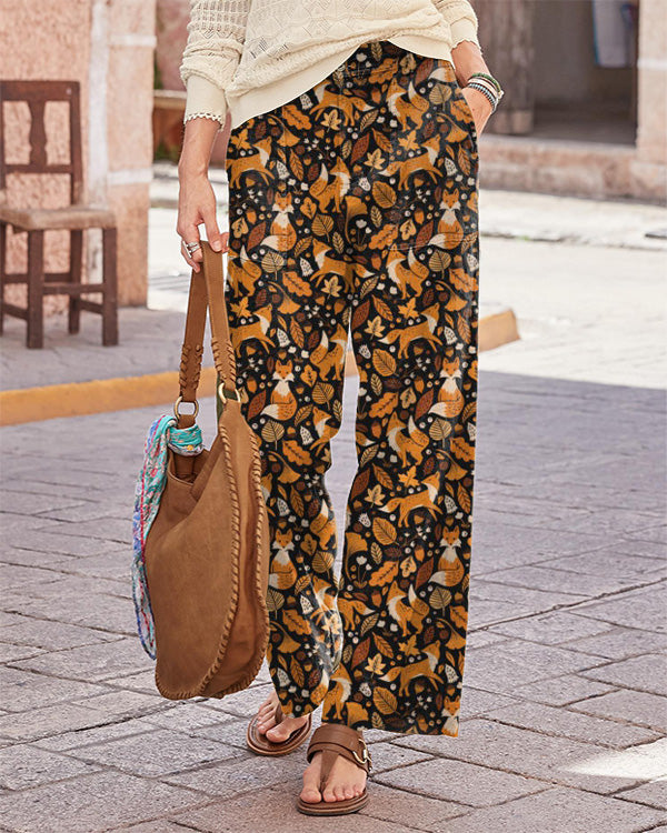 Vintage Forest Squirrel Print Wide Leg Pants