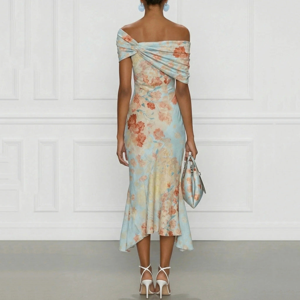 Elegant Off Shoulder Short-sleeved Floral Dress