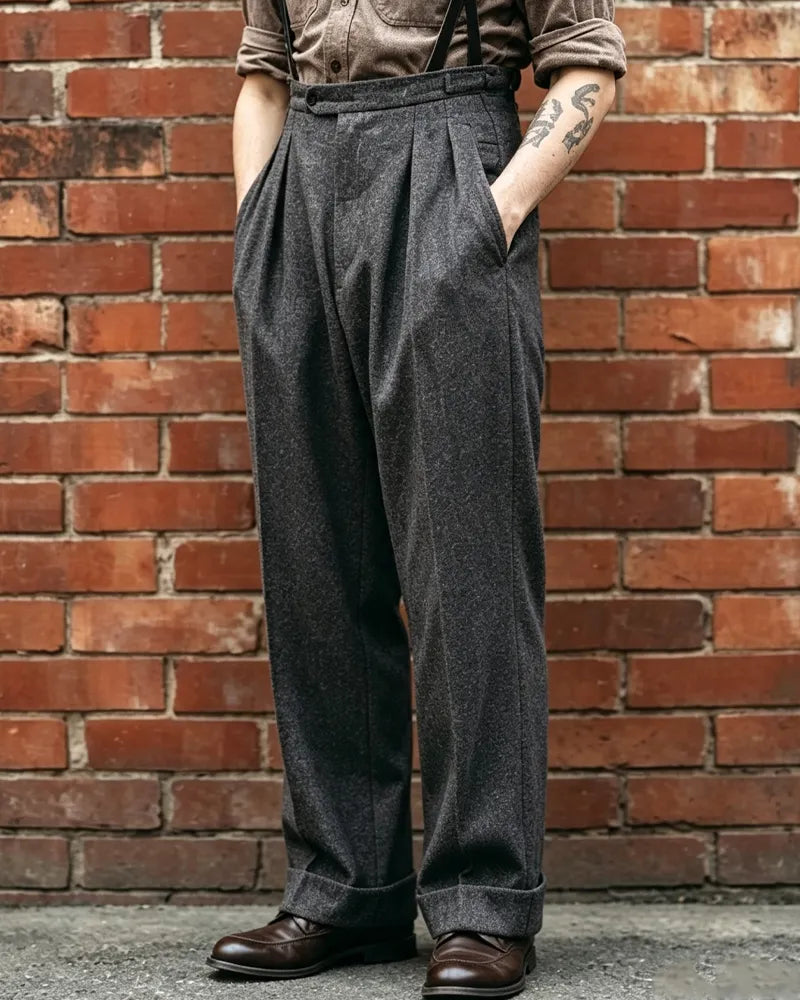 Vintage Charcoal Gray High©\Waist Pleated Wide©\Leg Trousers