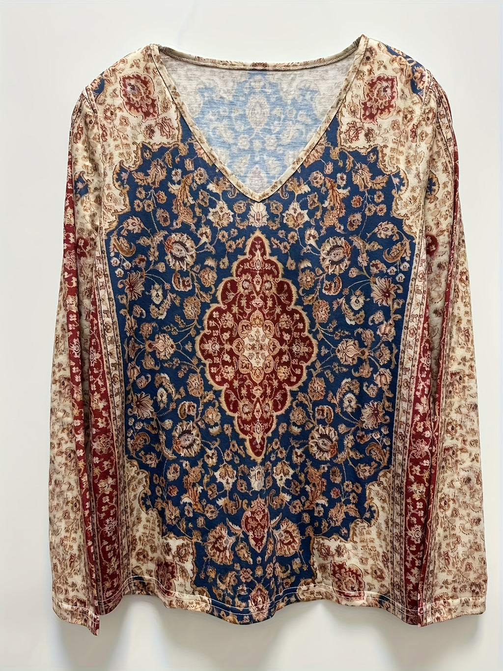 Women's Floral Print V Neck Long Sleeve T-Shirt - Casual Spring and Fall Top