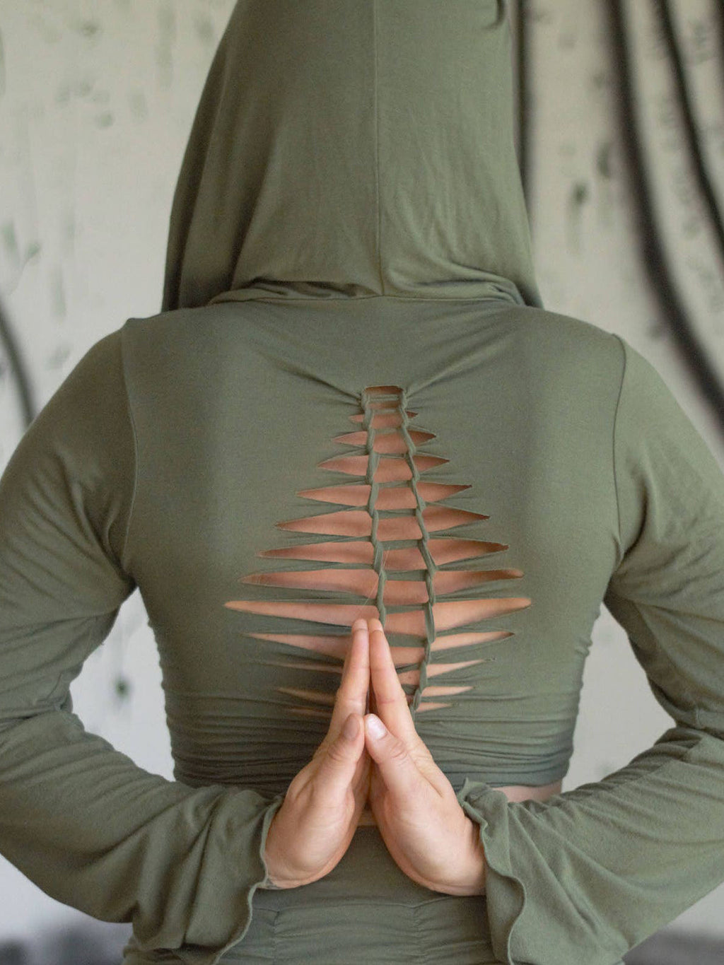 Sage Hooded Wrap Top: Green Stretchy Long Sleeve Hoodie Jacket Eco Viscose Fabric