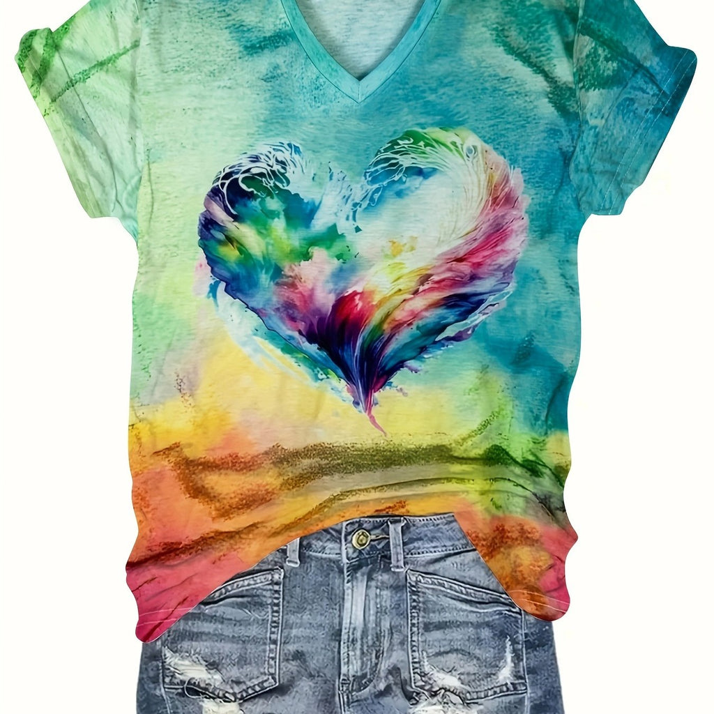 Heart Print V Neck T-Shirt, Casual Short Sleeve T-Shirt For Summer, Women's Clothing