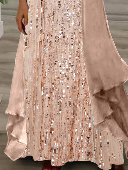 Nextmacys-Women's Long Sleeve V-neck Graphic Printed Two Pieces Maxi Dress