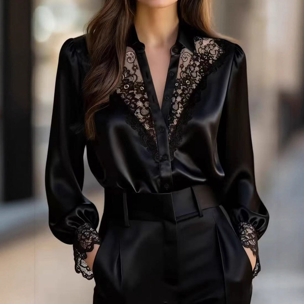 Fashion Patchwork Lace V-neck Puff Sleeve Shirt
