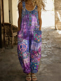 Women's Retro Style Print Washed Cotton Denim Patchwork Jumpsuit