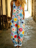 Women's Boho Color Art Print Washed Cotton Denim Patchwork Jumpsuit