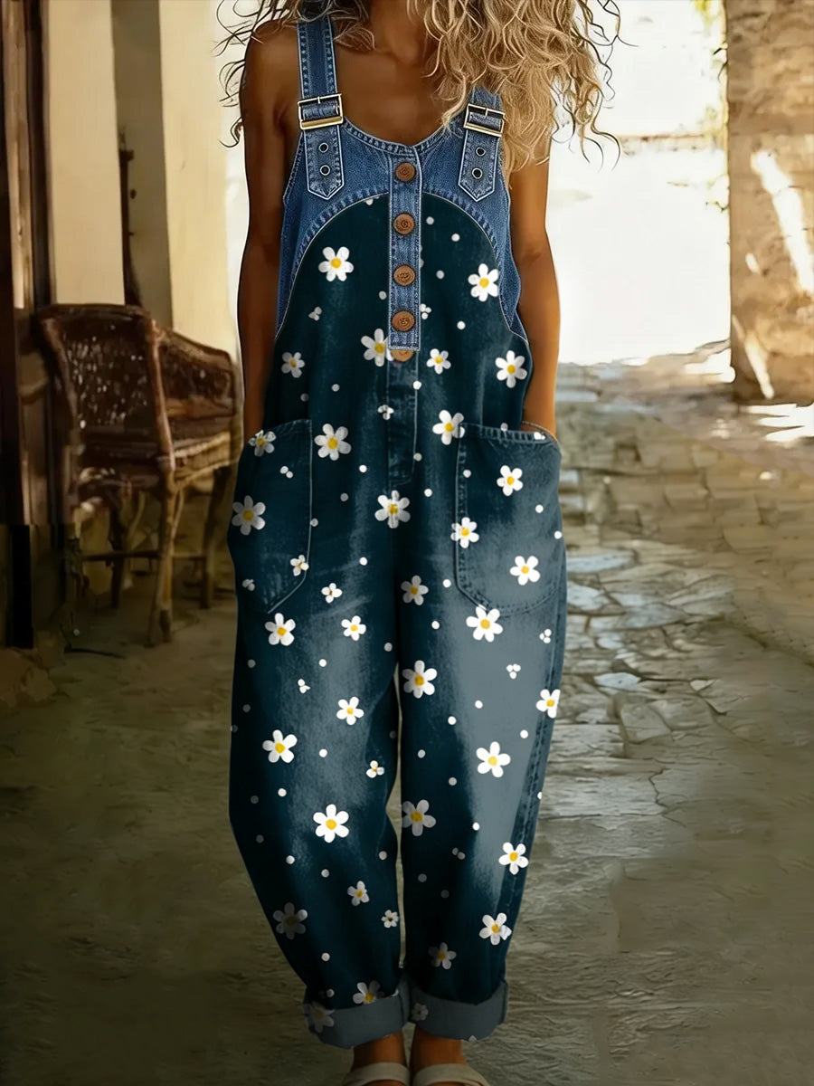 Women's Retro Floral Color-Blocked Art Print Washed Cotton Denim Patchwork Jumpsuit