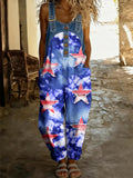 Women's Boho Color Art Print Washed Cotton Denim Patchwork Jumpsuit