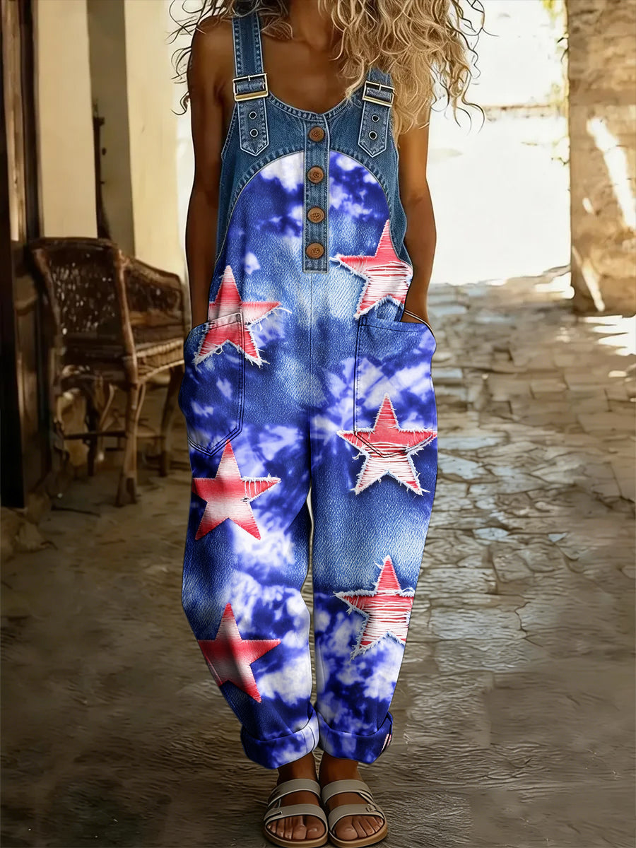 Women's Boho Color Art Print Washed Cotton Denim Patchwork Jumpsuit