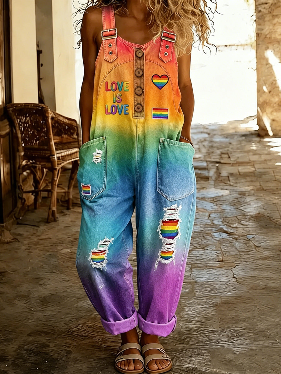 Women's Retro Pride Month Rainbow Art Print Washed Cotton Denim Patchwork Jumpsuit