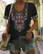 Fashion Pullover V Neck Loose Ethnic Style Printed Short-sleeved T-shirt