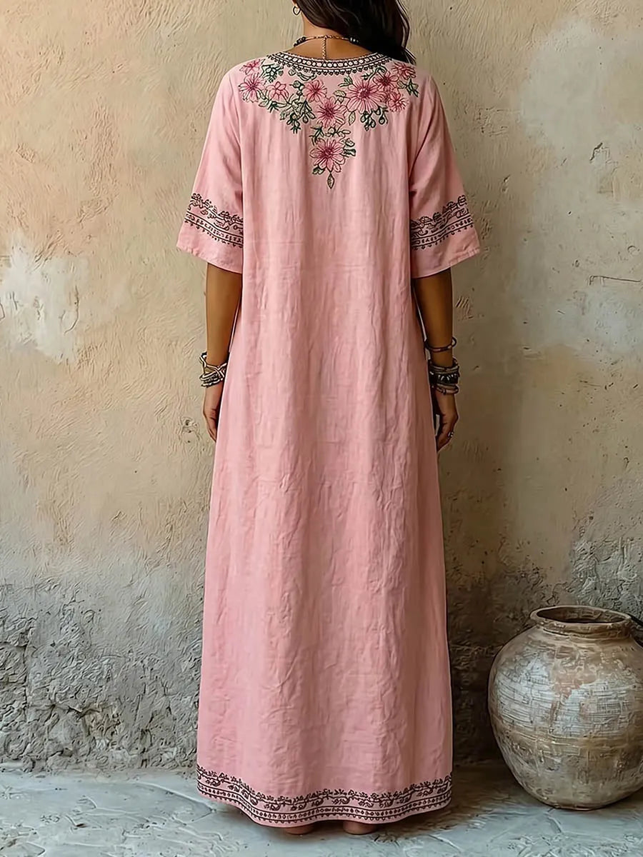Women's Vintage-print V-neck Short-sleeve Casual Loose Cotton-linen Dress