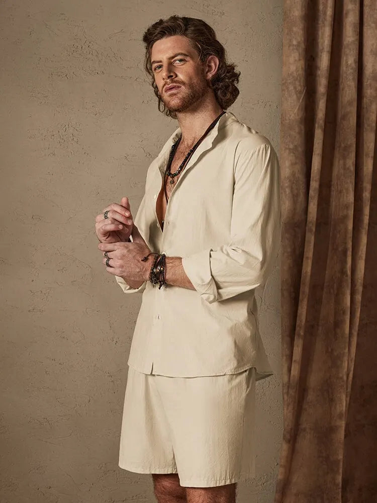 Casual Solid Color Cotton Linen Beach Shirt Set