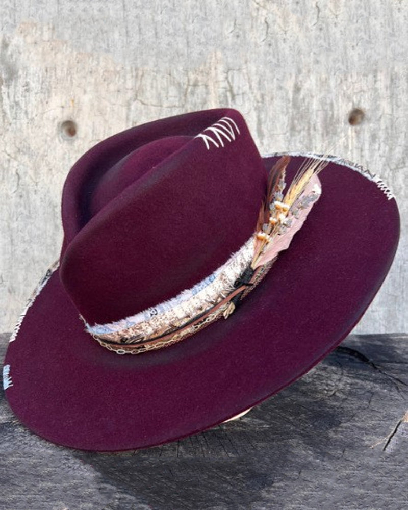 Vintage  Hand©\Distressed Artisan Decorated Wide©\Brim Western Fedora Hat