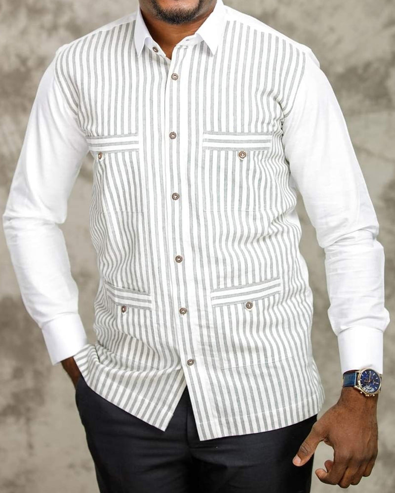 Vintage Color Block Stripe Four-Pocket Long Sleeve Shirt