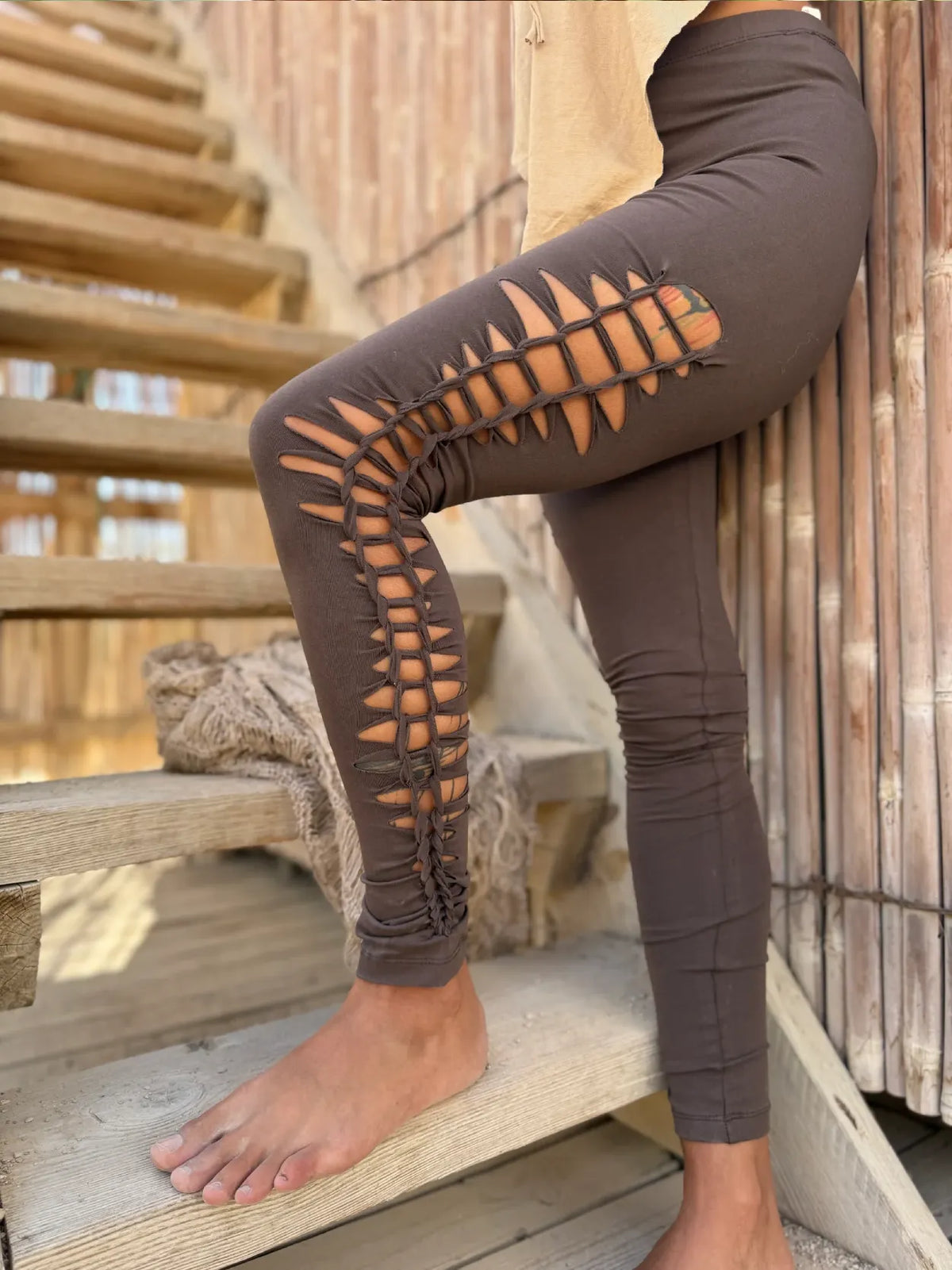 Bohemian Artisanal Hand-Braided Hollow Out High Waist Stretch Leggings