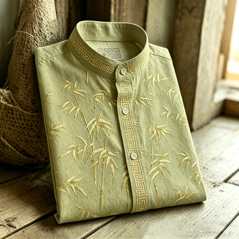 Vintage Bamboo Section Embroidery Pattern Design Casual Linen Shirt