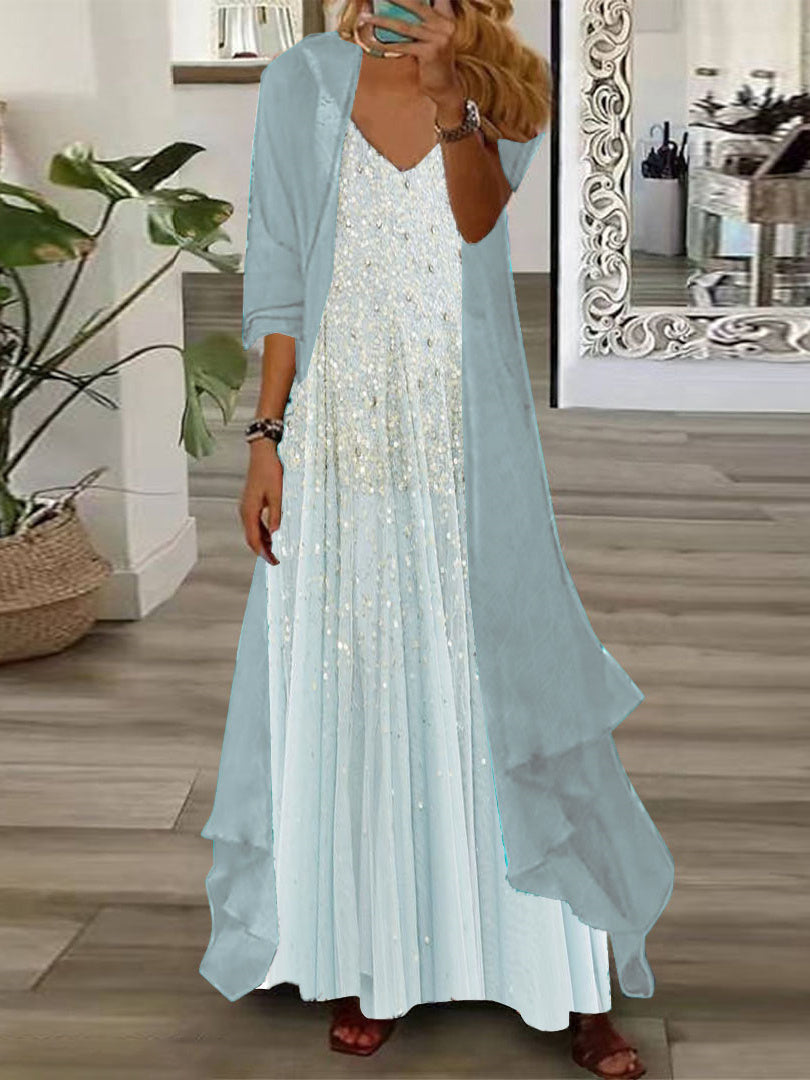 Nextmacys-Women's Long Sleeve V-neck Graphic Printed Two Pieces Maxi Dress
