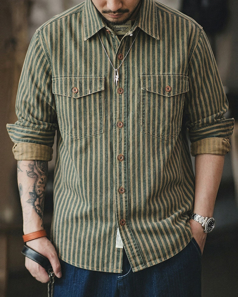 Retro Vertical Stripe Workwear Long-sleeve Shirt