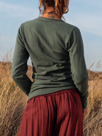 Vintage V-Neck Long Sleeve Fleece Top with Pockets and Raw Hem
