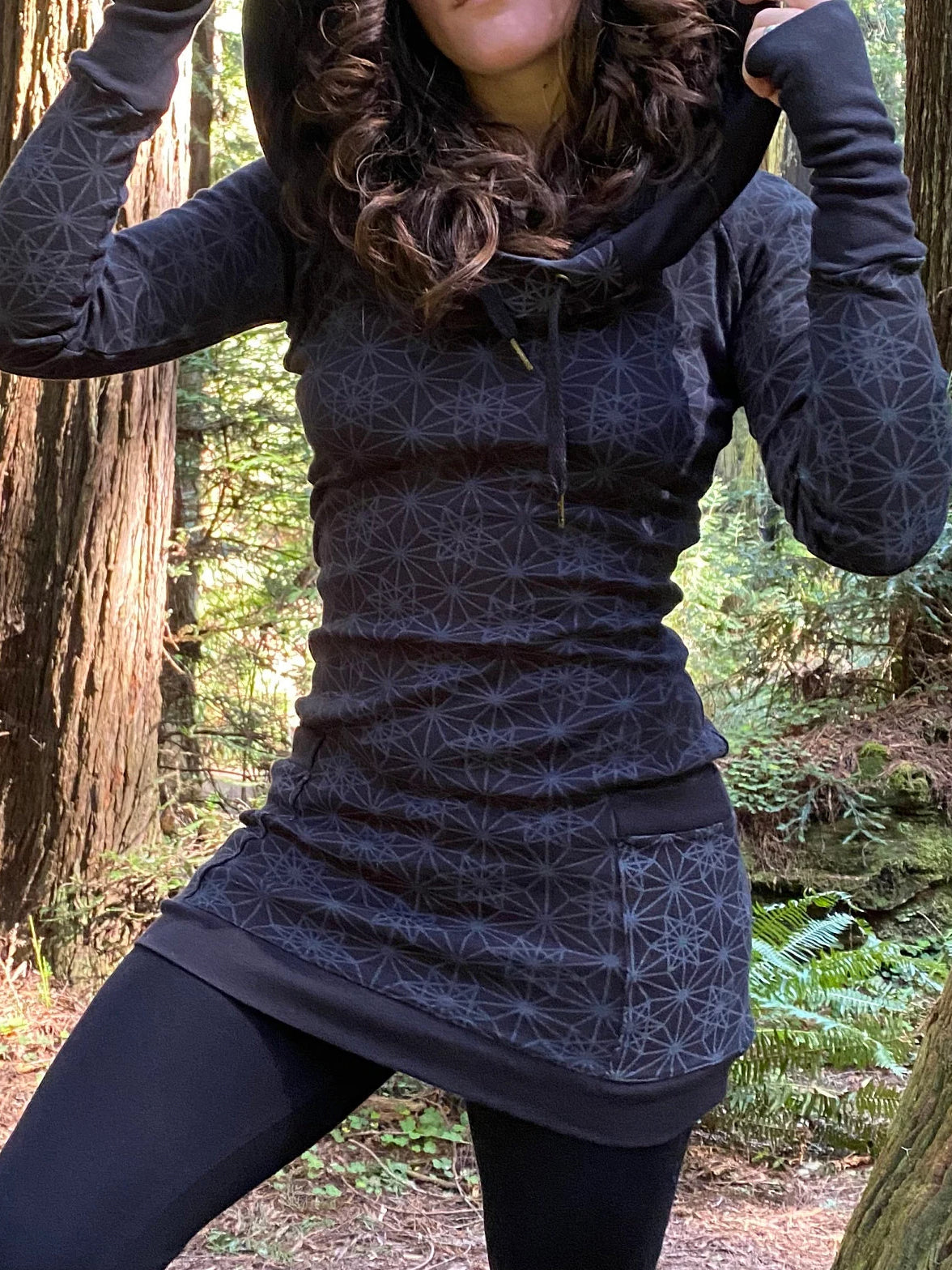Fitted Sacred Geometry Cowl Hood Long Sleeve Mini Dress with Pockets and Thumbhole Cuffs