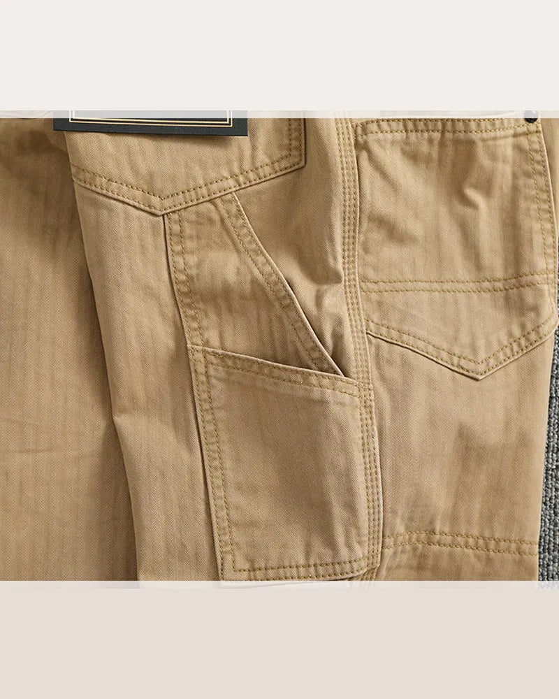 Vintage Herringbone Twill Riveted Double Knee Straight Cargo Pants