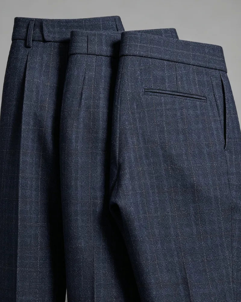Vintage Navy Blue Check Pleated Wide©\Leg Trousers