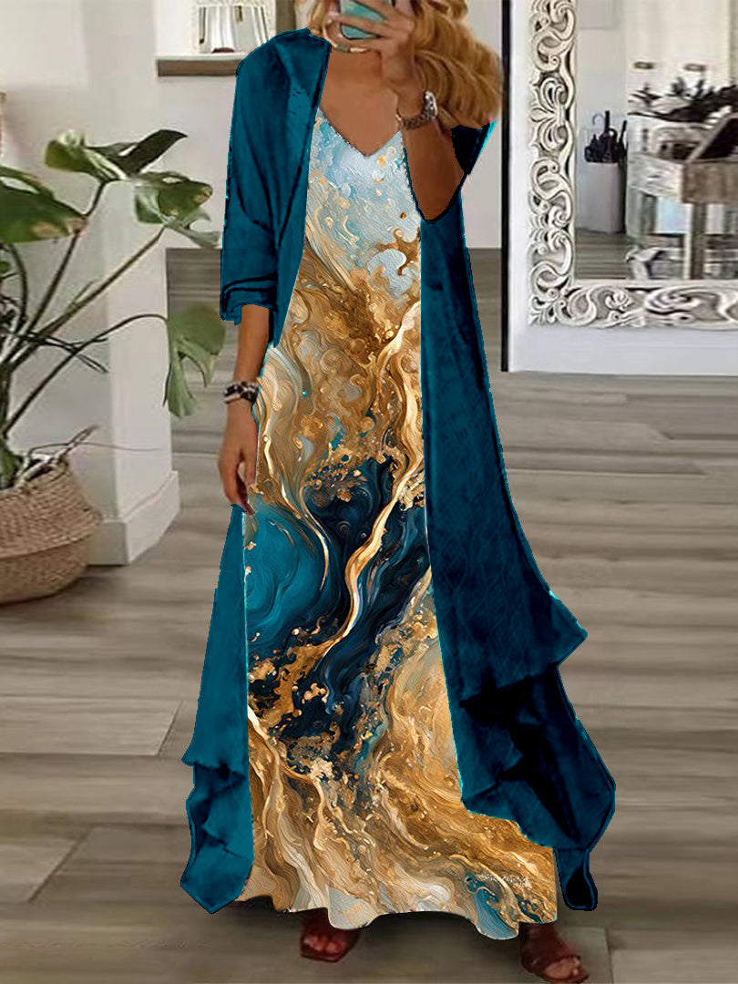 Women's Long Sleeve V-neck Graphic Printed Two Pieces Maxi Dress