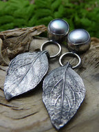 Vintage Ethnic Style Natural Leaf Earrings with Gray Pearl and Antique Distressed Finish