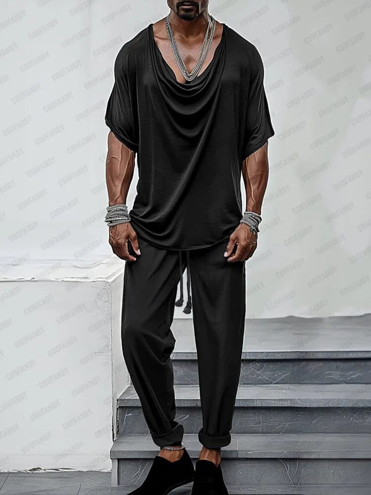 Loose Drape Collar Top Pants Set