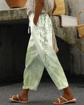 Green Gradient Willow Leaves Elastic Waist Casual Pants