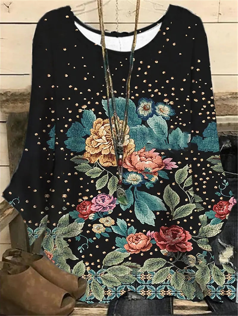 Elegant Loose Long Sleeve Pullover Flower Printing T-shirt