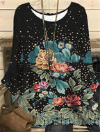 Elegant Loose Long Sleeve Pullover Flower Printing T-shirt