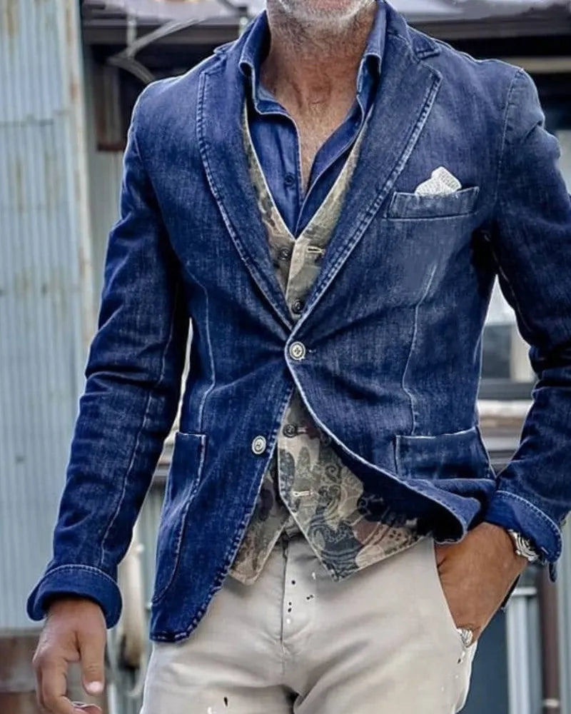 Retro Unstructured Denim Casual Blazer