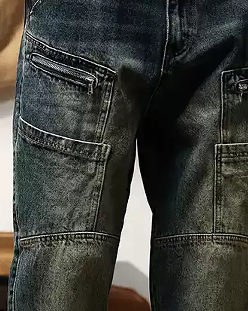 Vintage Faded Multi©\Zipper Cargo Straight©\Leg Denim Pants