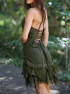Vintage Crisscross Back V-Neck Lace Patchwork Dress