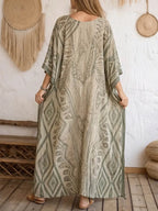 Women's Retro Geometric Print V-neck 3/4-sleeve Casual Loose Cotton-linen Dress