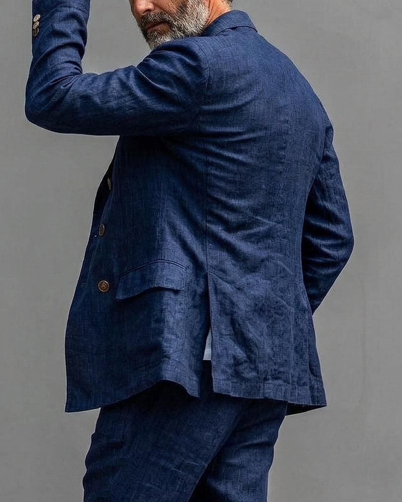 Retro Navy Blue Linen Double-breasted Blazer