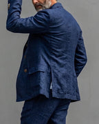 Retro Navy Blue Linen Double-breasted Blazer