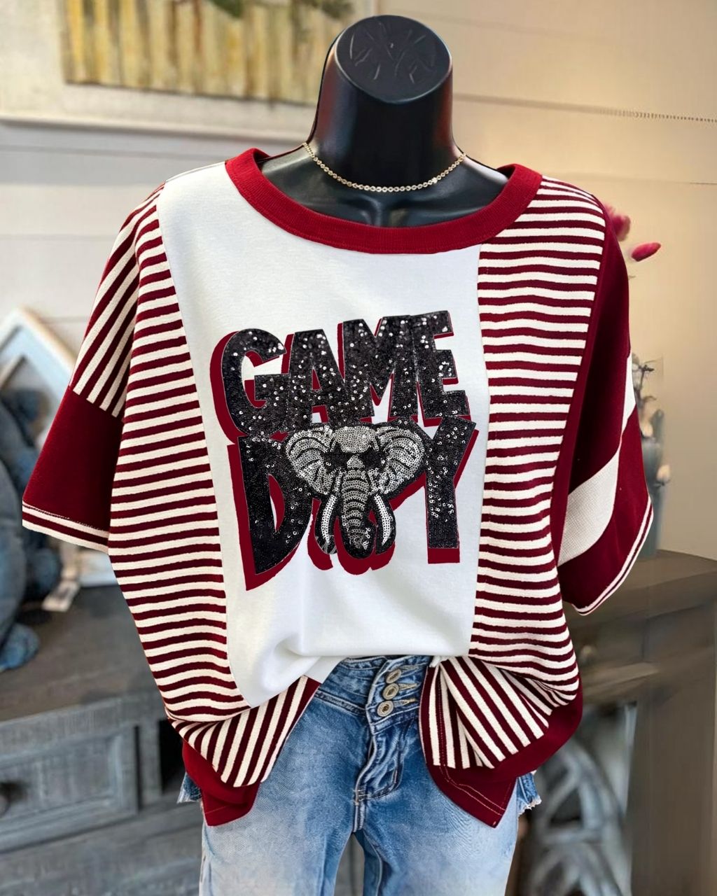 Game Day Elephant Sequin Striped T-Shirt