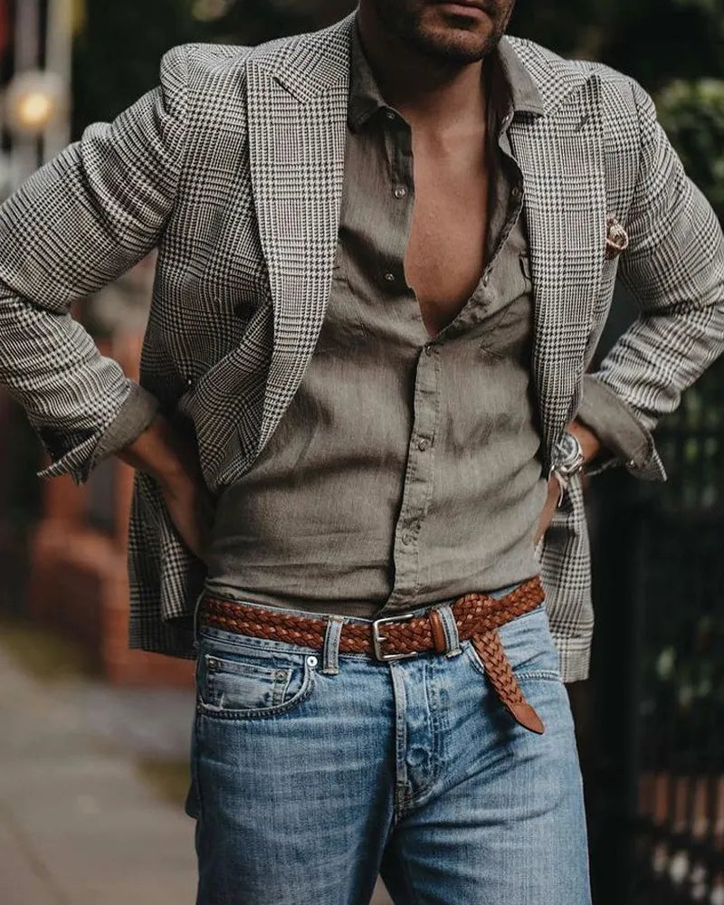Retro Unstructured Glen Plaid Casual Blazer