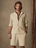 Casual Solid Color Cotton Linen Beach Shirt Set